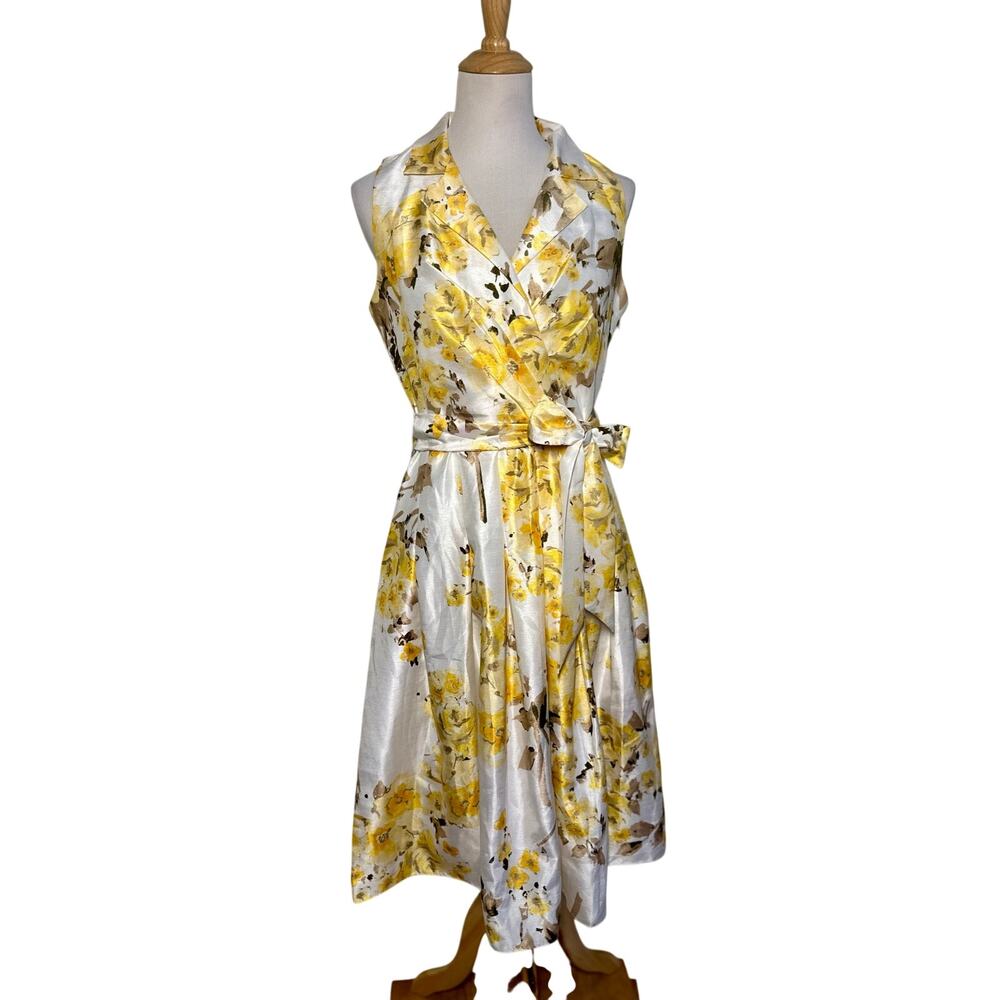 JH Floral Yellow & White Faux Wrap Tie Dress Sz 9 - Picture 3 of 9
